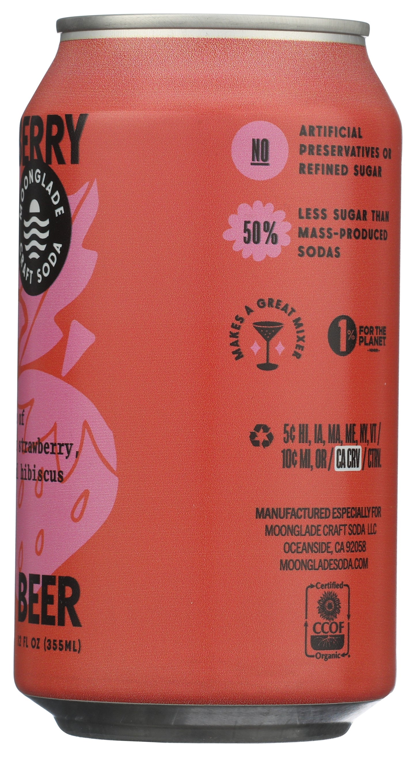 Moonglade Strawberry Hibiscus Ginger Beer- Real Hibiscus Flower, Tangy Lemon and Sweet Strawberry- 12 Pack
