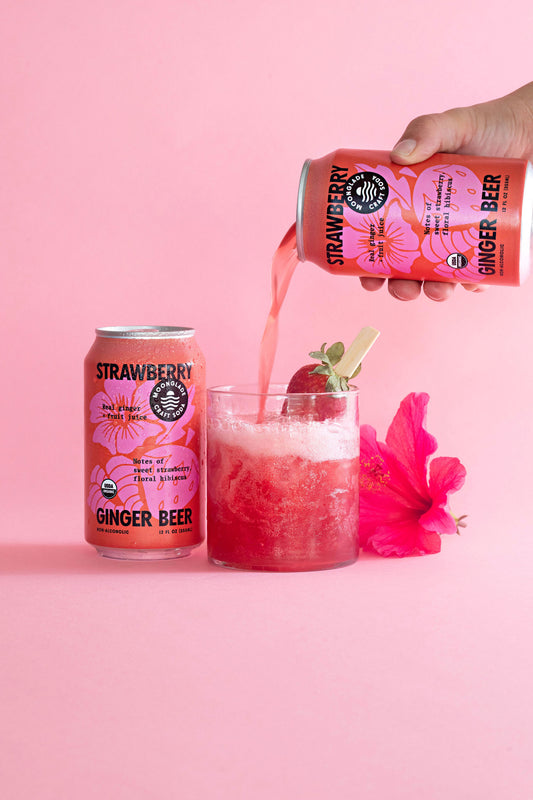 Moonglade Strawberry Hibiscus Ginger Beer- Real Hibiscus Flower, Tangy Lemon and Sweet Strawberry- 12 Pack