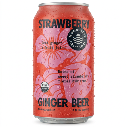 Moonglade Strawberry Hibiscus Ginger Beer- Real Hibiscus Flower, Tangy Lemon and Sweet Strawberry- 12 Pack